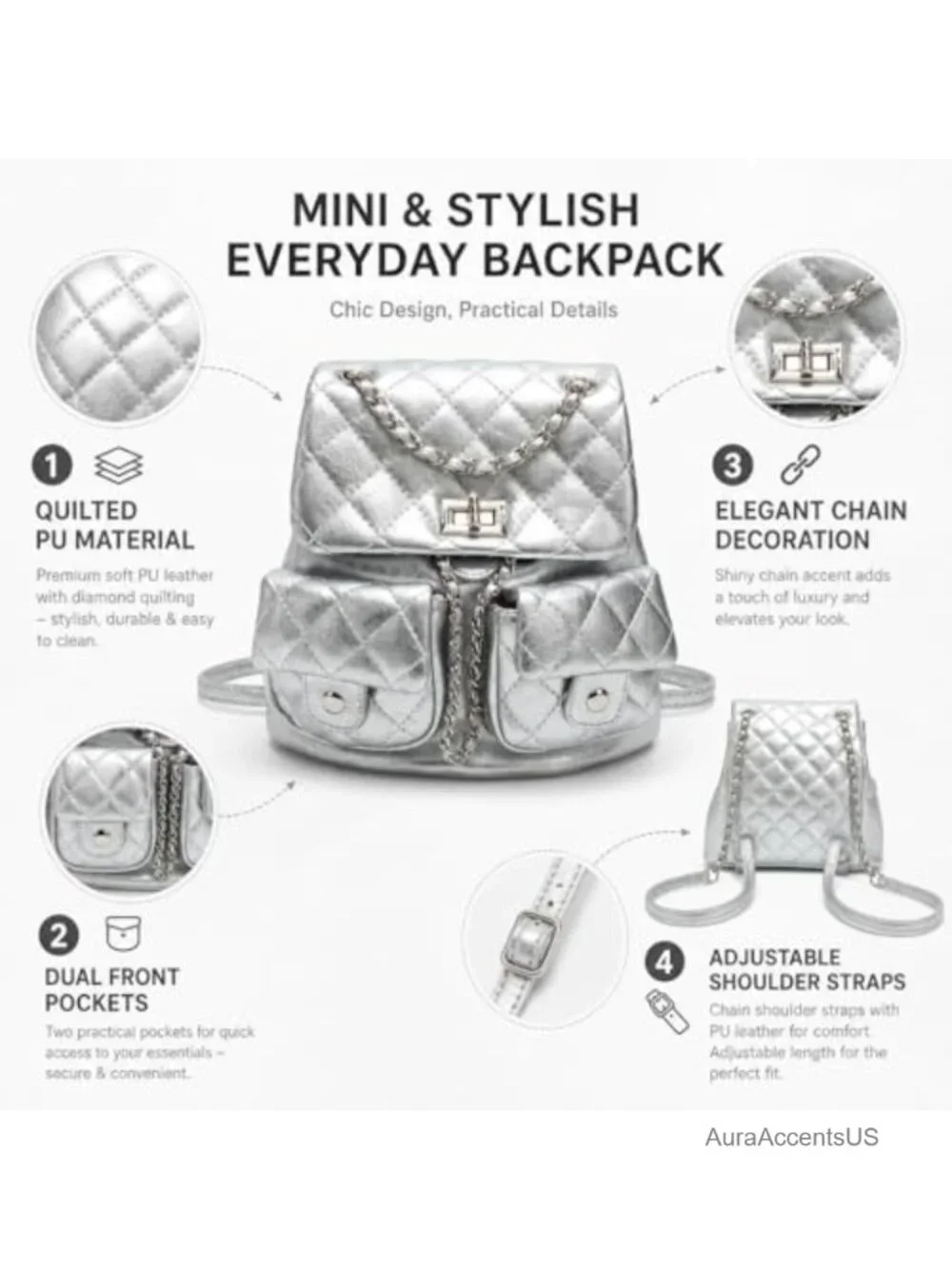 Quilted Mini Backpack Purse for Women, PU Leather Fashion Backpack with Chain